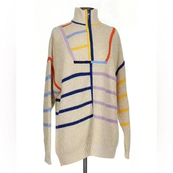 STAUD Hampton Striped Oversized Sweater S Top Turtleneck Shirt Cream Chunky Knit - Picture 5 of 8